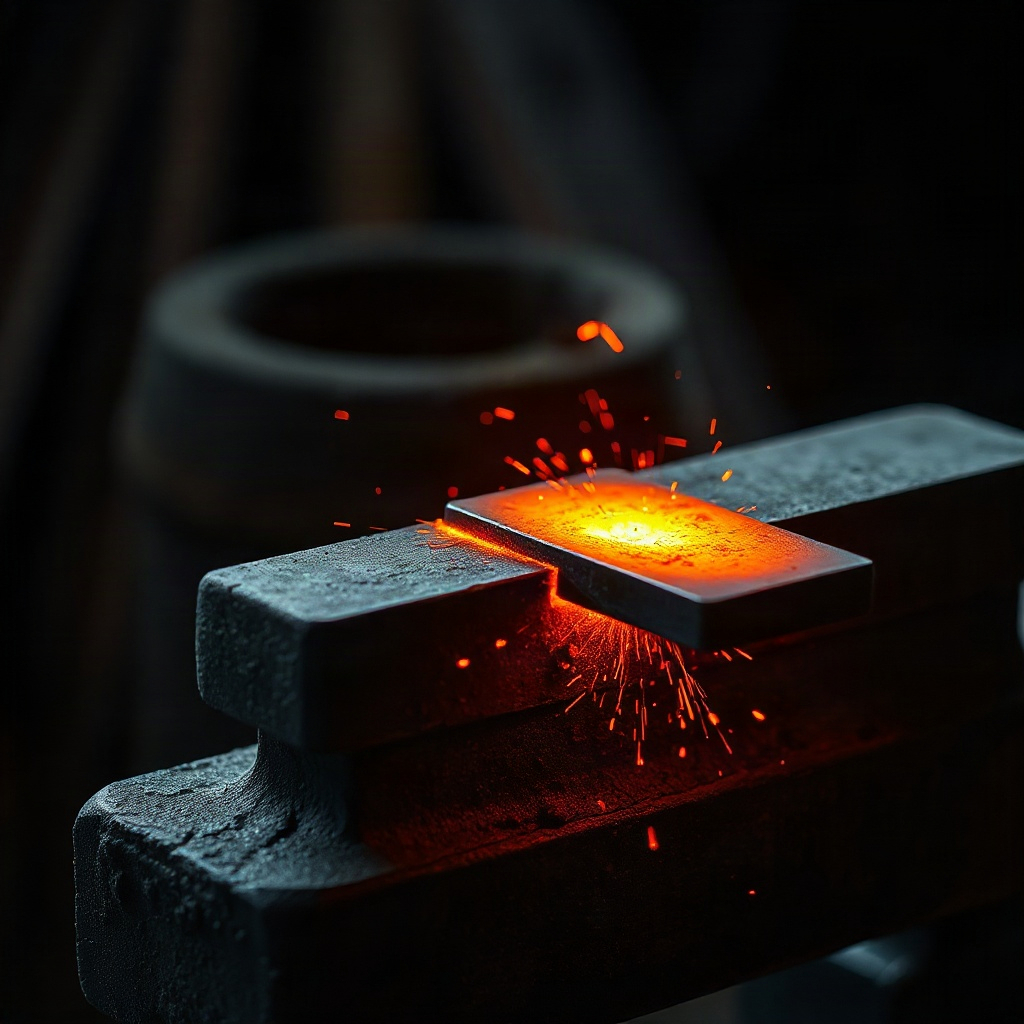 A glowing bar of steel on the anvil