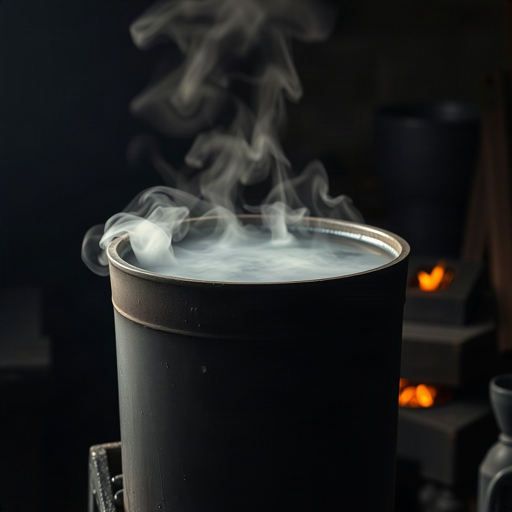 Steam rising from the quenching barrel